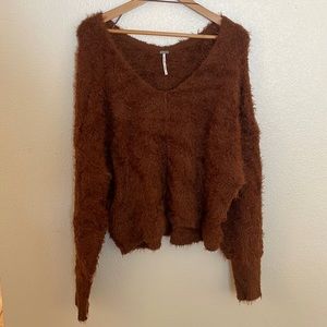 Free People Brown Fuzzy V-Neck Sweater